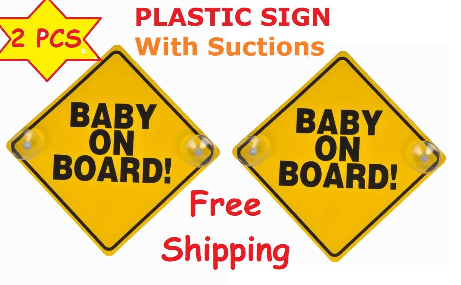 Yellow Reflective Baby On Board Car Window Suction Cup Warning Sign Lot Of 2